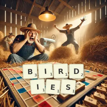 Kreative Illustration für ein Scrabble-Spiel, bei dem das Wort BIRDIES mit Steinen auf dem Brett gelegt wurde.