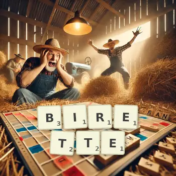 Kreative Illustration für ein Scrabble-Spiel, bei dem das Wort BIRETTE mit Steinen auf dem Brett gelegt wurde.