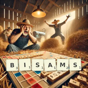 Kreative Illustration für ein Scrabble-Spiel, bei dem das Wort BISAMS mit Steinen auf dem Brett gelegt wurde.