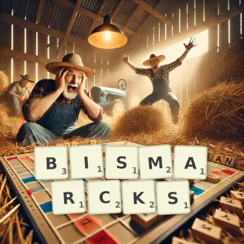 Kreative Illustration für ein Scrabble-Spiel, bei dem das Wort BISMARCKS mit Steinen auf dem Brett gelegt wurde.