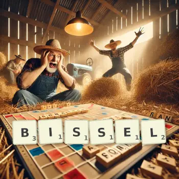 Kreative Illustration für ein Scrabble-Spiel, bei dem das Wort BISSEL mit Steinen auf dem Brett gelegt wurde.