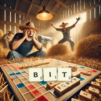 Kreative Illustration für ein Scrabble-Spiel, bei dem das Wort BIT mit Steinen auf dem Brett gelegt wurde.