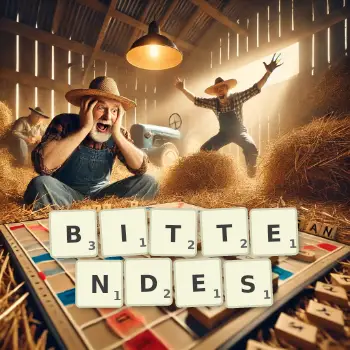 Kreative Illustration für ein Scrabble-Spiel, bei dem das Wort BITTENDES mit Steinen auf dem Brett gelegt wurde.