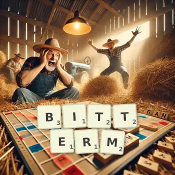 Kreative Illustration für ein Scrabble-Spiel, bei dem das Wort BITTERM mit Steinen auf dem Brett gelegt wurde.