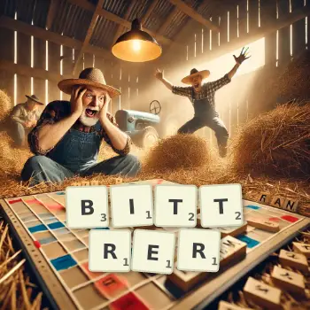 Kreative Illustration für ein Scrabble-Spiel, bei dem das Wort BITTRER mit Steinen auf dem Brett gelegt wurde.