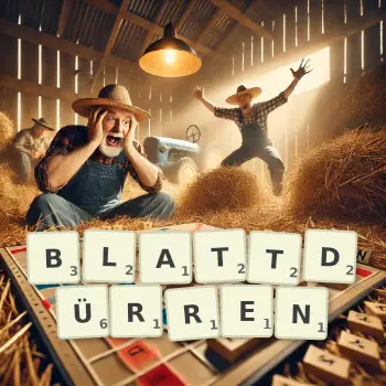 Kreative Illustration für ein Scrabble-Spiel, bei dem das Wort BLATTDÜRREN mit Steinen auf dem Brett gelegt wurde.
