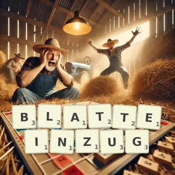 Kreative Illustration für ein Scrabble-Spiel, bei dem das Wort BLATTEINZUG mit Steinen auf dem Brett gelegt wurde.