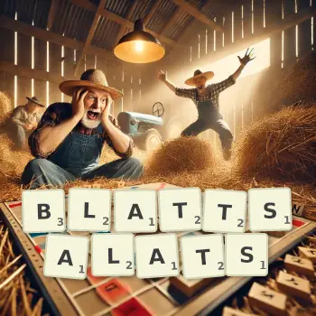 Kreative Illustration für ein Scrabble-Spiel, bei dem das Wort BLATTSALATS mit Steinen auf dem Brett gelegt wurde.