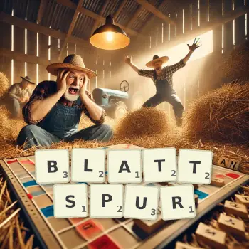 Kreative Illustration für ein Scrabble-Spiel, bei dem das Wort BLATTSPUR mit Steinen auf dem Brett gelegt wurde.