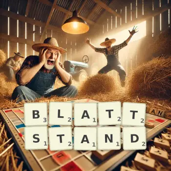 Kreative Illustration für ein Scrabble-Spiel, bei dem das Wort BLATTSTAND mit Steinen auf dem Brett gelegt wurde.