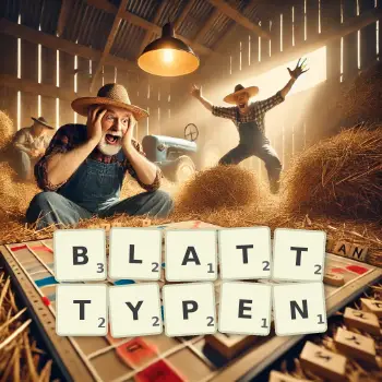 Kreative Illustration für ein Scrabble-Spiel, bei dem das Wort BLATTTYPEN mit Steinen auf dem Brett gelegt wurde.