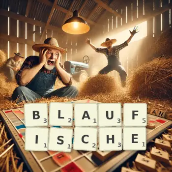 Kreative Illustration für ein Scrabble-Spiel, bei dem das Wort BLAUFISCHE mit Steinen auf dem Brett gelegt wurde.