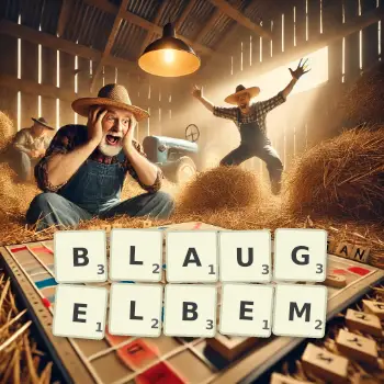 Kreative Illustration für ein Scrabble-Spiel, bei dem das Wort BLAUGELBEM mit Steinen auf dem Brett gelegt wurde.