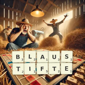 Kreative Illustration für ein Scrabble-Spiel, bei dem das Wort BLAUSTIFTE mit Steinen auf dem Brett gelegt wurde.