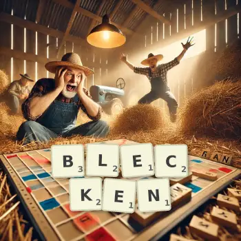 Kreative Illustration für ein Scrabble-Spiel, bei dem das Wort BLECKEN mit Steinen auf dem Brett gelegt wurde.