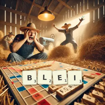 Kreative Illustration für ein Scrabble-Spiel, bei dem das Wort BLEI mit Steinen auf dem Brett gelegt wurde.