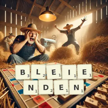 Kreative Illustration für ein Scrabble-Spiel, bei dem das Wort BLEIENDEN mit Steinen auf dem Brett gelegt wurde.