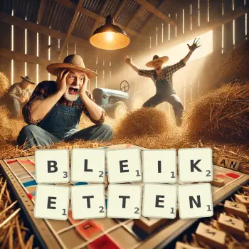 Kreative Illustration für ein Scrabble-Spiel, bei dem das Wort BLEIKETTEN mit Steinen auf dem Brett gelegt wurde.