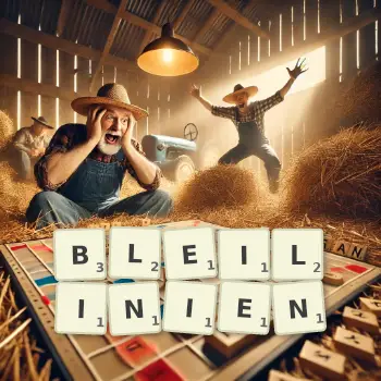 Kreative Illustration für ein Scrabble-Spiel, bei dem das Wort BLEILINIEN mit Steinen auf dem Brett gelegt wurde.