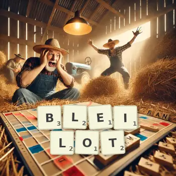 Kreative Illustration für ein Scrabble-Spiel, bei dem das Wort BLEILOT mit Steinen auf dem Brett gelegt wurde.