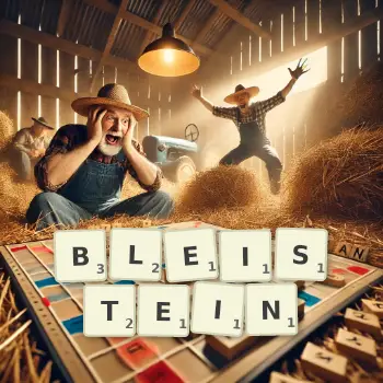 Kreative Illustration für ein Scrabble-Spiel, bei dem das Wort BLEISTEIN mit Steinen auf dem Brett gelegt wurde.