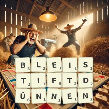Kreative Illustration für ein Scrabble-Spiel, bei dem das Wort BLEISTIFTDÜNNEN mit Steinen auf dem Brett gelegt wurde.