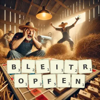 Kreative Illustration für ein Scrabble-Spiel, bei dem das Wort BLEITROPFEN mit Steinen auf dem Brett gelegt wurde.