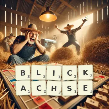 Kreative Illustration für ein Scrabble-Spiel, bei dem das Wort BLICKACHSE mit Steinen auf dem Brett gelegt wurde.