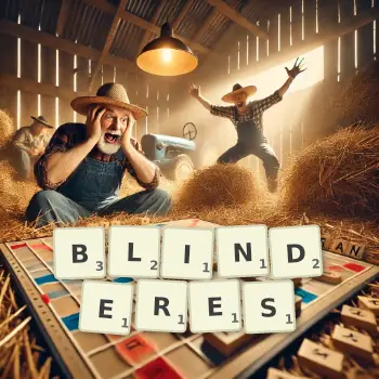 Kreative Illustration für ein Scrabble-Spiel, bei dem das Wort BLINDERES mit Steinen auf dem Brett gelegt wurde.
