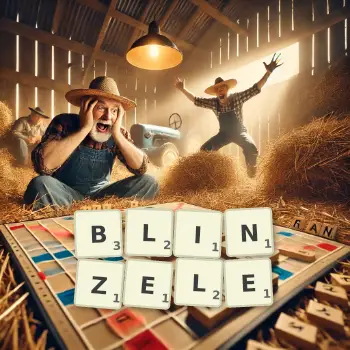 Kreative Illustration für ein Scrabble-Spiel, bei dem das Wort BLINZELE mit Steinen auf dem Brett gelegt wurde.