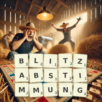 Kreative Illustration für ein Scrabble-Spiel, bei dem das Wort BLITZABSTIMMUNG mit Steinen auf dem Brett gelegt wurde.