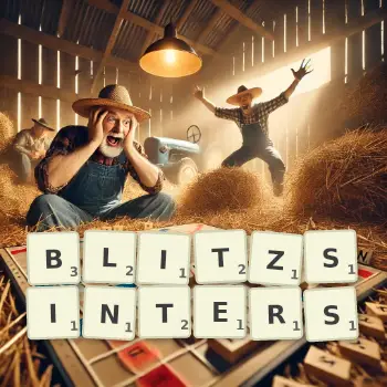 Kreative Illustration für ein Scrabble-Spiel, bei dem das Wort BLITZSINTERS mit Steinen auf dem Brett gelegt wurde.