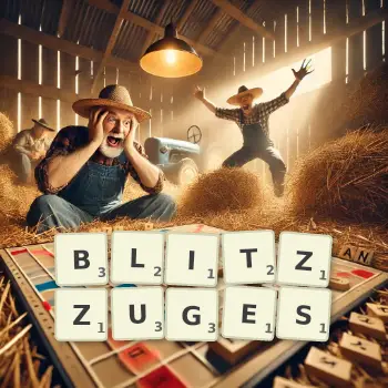 Kreative Illustration für ein Scrabble-Spiel, bei dem das Wort BLITZZUGES mit Steinen auf dem Brett gelegt wurde.