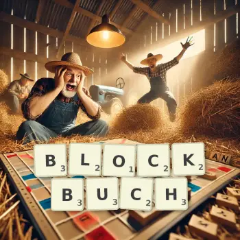 Kreative Illustration für ein Scrabble-Spiel, bei dem das Wort BLOCKBUCH mit Steinen auf dem Brett gelegt wurde.