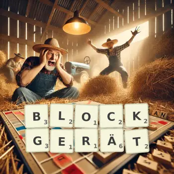 Kreative Illustration für ein Scrabble-Spiel, bei dem das Wort BLOCKGERÄT mit Steinen auf dem Brett gelegt wurde.