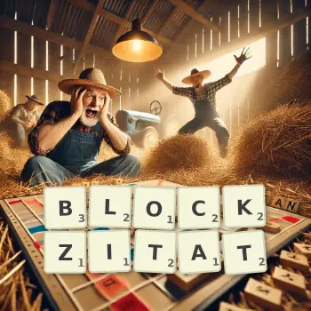 Kreative Illustration für ein Scrabble-Spiel, bei dem das Wort BLOCKZITAT mit Steinen auf dem Brett gelegt wurde.