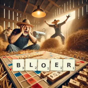 Kreative Illustration für ein Scrabble-Spiel, bei dem das Wort BLOER mit Steinen auf dem Brett gelegt wurde.