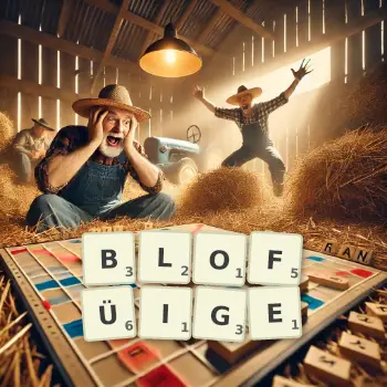 Kreative Illustration für ein Scrabble-Spiel, bei dem das Wort BLOFÜIGE mit Steinen auf dem Brett gelegt wurde.
