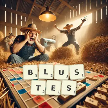 Kreative Illustration für ein Scrabble-Spiel, bei dem das Wort BLUSTES mit Steinen auf dem Brett gelegt wurde.