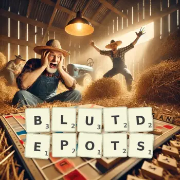 Kreative Illustration für ein Scrabble-Spiel, bei dem das Wort BLUTDEPOTS mit Steinen auf dem Brett gelegt wurde.