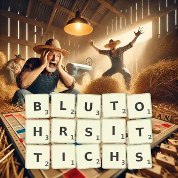 Kreative Illustration für ein Scrabble-Spiel, bei dem das Wort BLUTOHRSITTICHS mit Steinen auf dem Brett gelegt wurde.