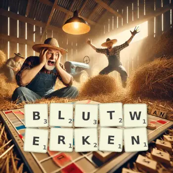Kreative Illustration für ein Scrabble-Spiel, bei dem das Wort BLUTWERKEN mit Steinen auf dem Brett gelegt wurde.