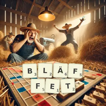 Kreative Illustration für ein Scrabble-Spiel, bei dem das Wort BLÄFFET mit Steinen auf dem Brett gelegt wurde.