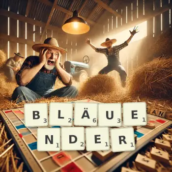 Kreative Illustration für ein Scrabble-Spiel, bei dem das Wort BLÄUENDER mit Steinen auf dem Brett gelegt wurde.