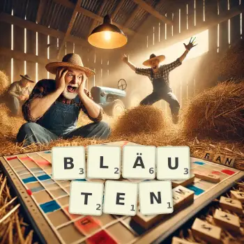 Kreative Illustration für ein Scrabble-Spiel, bei dem das Wort BLÄUTEN mit Steinen auf dem Brett gelegt wurde.