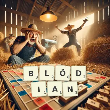 Kreative Illustration für ein Scrabble-Spiel, bei dem das Wort BLÖDIAN mit Steinen auf dem Brett gelegt wurde.