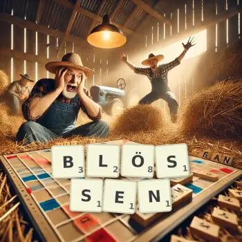 Kreative Illustration für ein Scrabble-Spiel, bei dem das Wort BLÖSSEN mit Steinen auf dem Brett gelegt wurde.