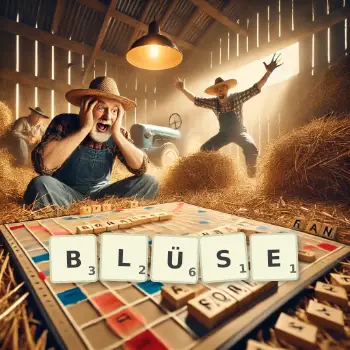Kreative Illustration für ein Scrabble-Spiel, bei dem das Wort BLÜSE mit Steinen auf dem Brett gelegt wurde.