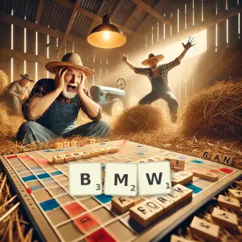 Kreative Illustration für ein Scrabble-Spiel, bei dem das Wort BMW mit Steinen auf dem Brett gelegt wurde.