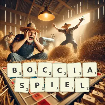 Kreative Illustration für ein Scrabble-Spiel, bei dem das Wort BOCCIASPIEL mit Steinen auf dem Brett gelegt wurde.